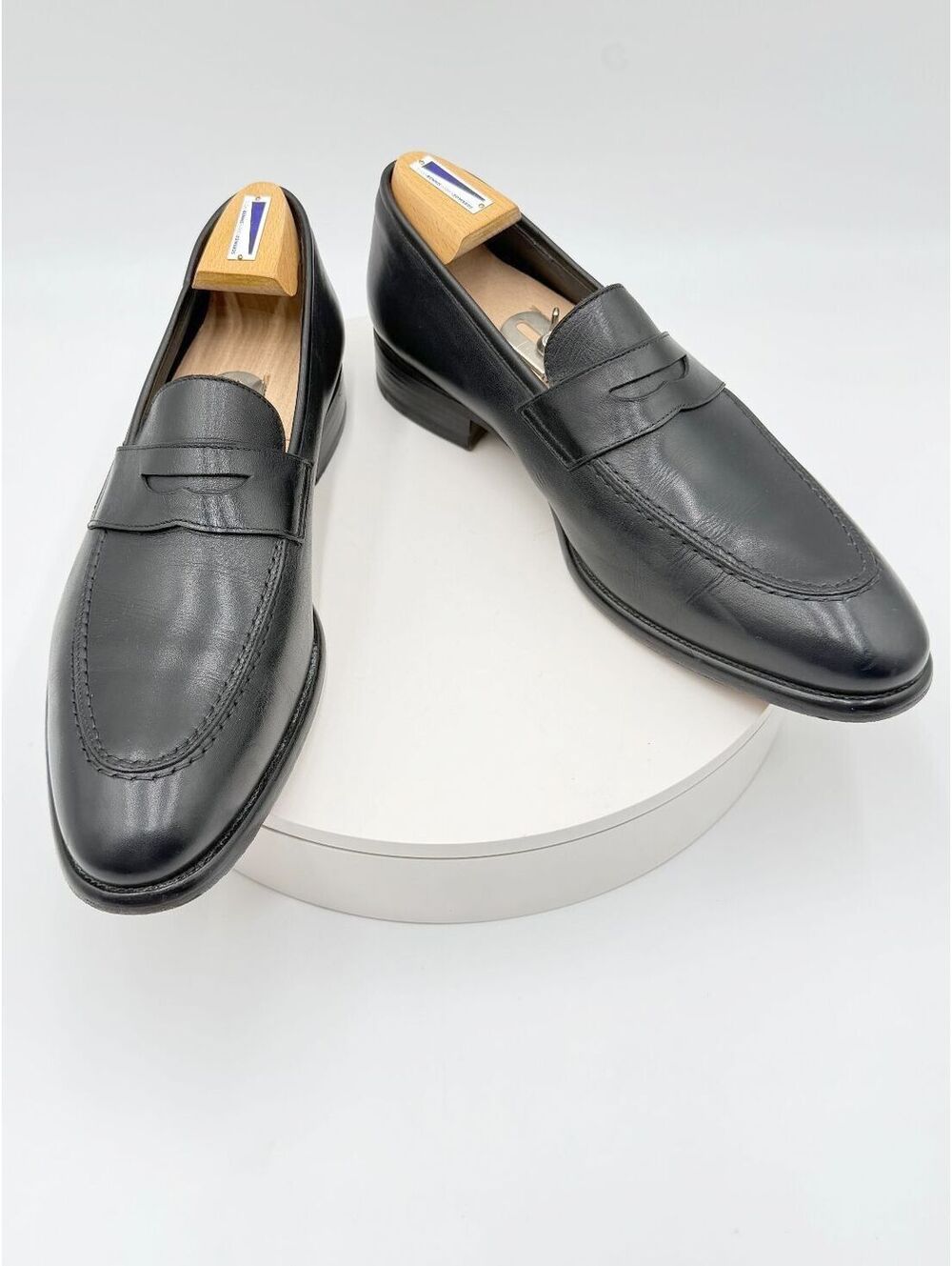 A. Testoni Apron Toe Smooth Calfskin Leather Penny Loafers Black Size 10.5 M